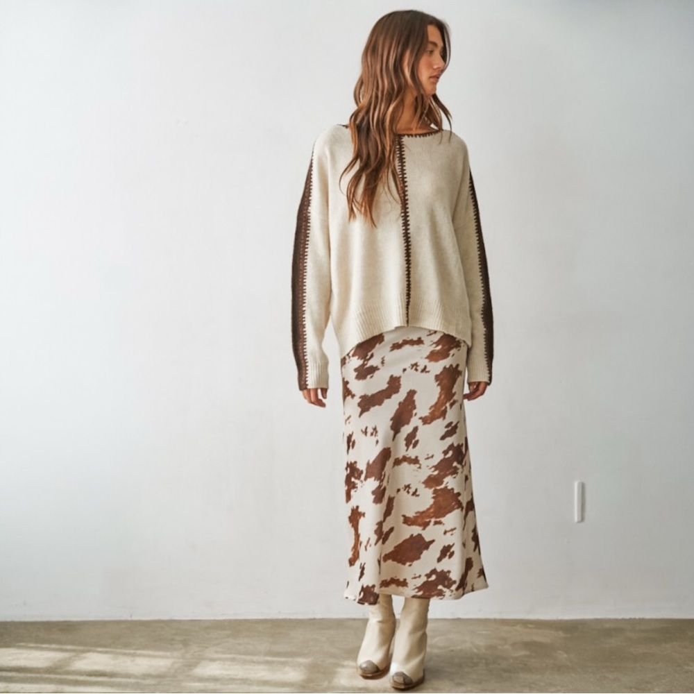 Chic Satin Brown and White Cow Print Midi Western Skirt - Picture 3 of 5